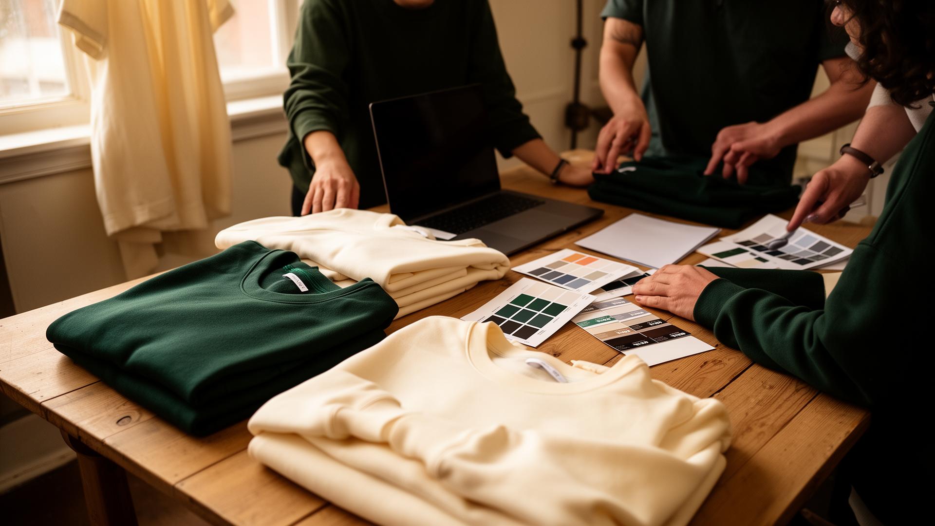 CCXpress team reviewing apparel samples and color swatches