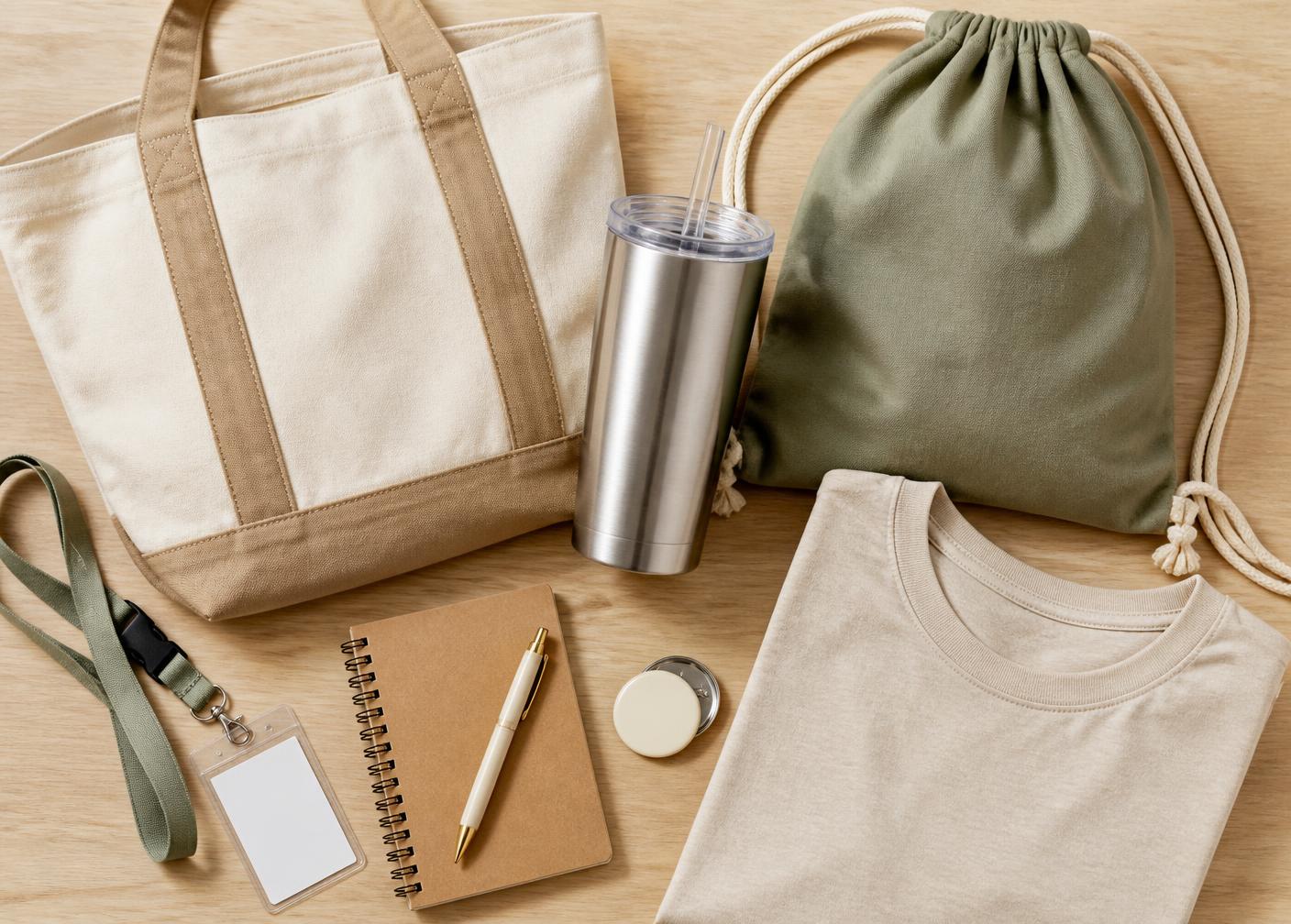 Custom campus essentials including branded totes, drawstring bags, drinkware, notebooks, lanyards, buttons and college apparel