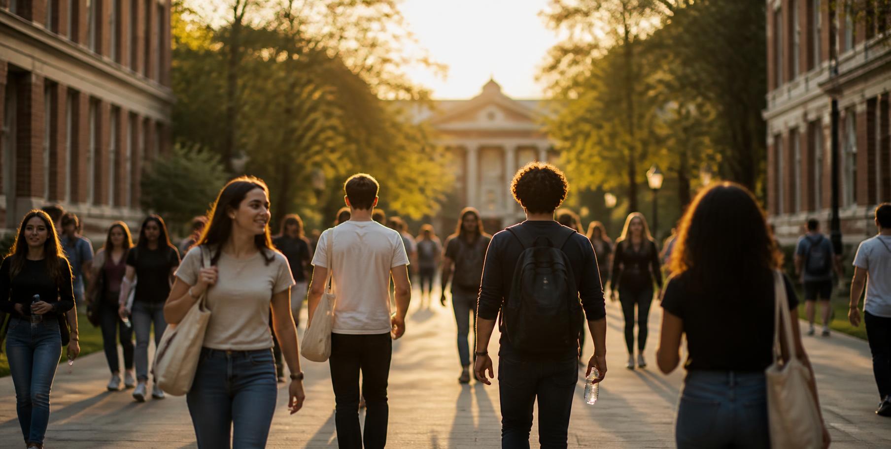 Students walking across a college campus carrying branded totes and drinkware