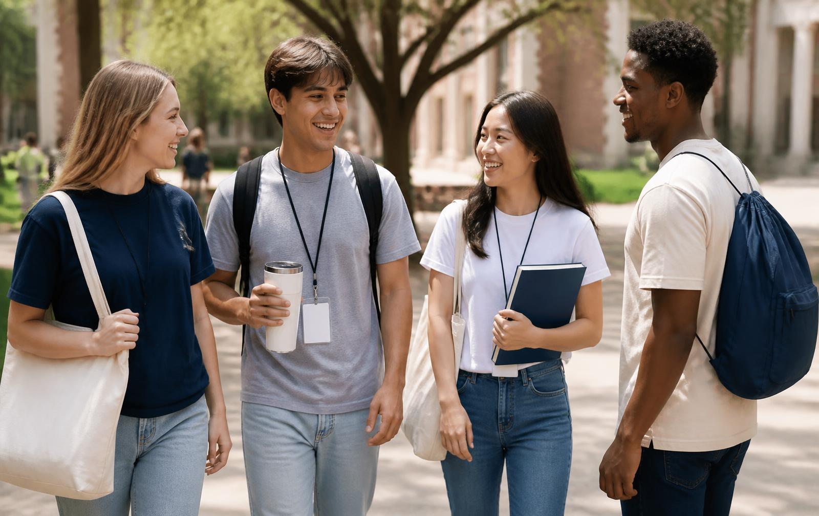 Assortment of everyday branded campus products including tees, drinkware, bags, and notebooks