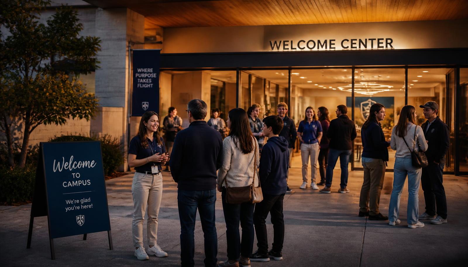 Families and prospective students greeted by student ambassadors outside a university welcome center
