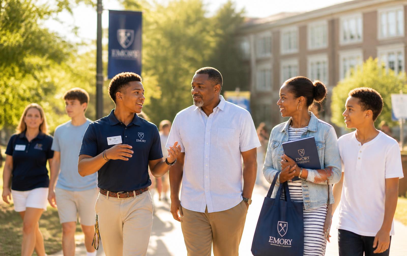 Student tour guide in branded apparel leading prospective students and families across a college campus
