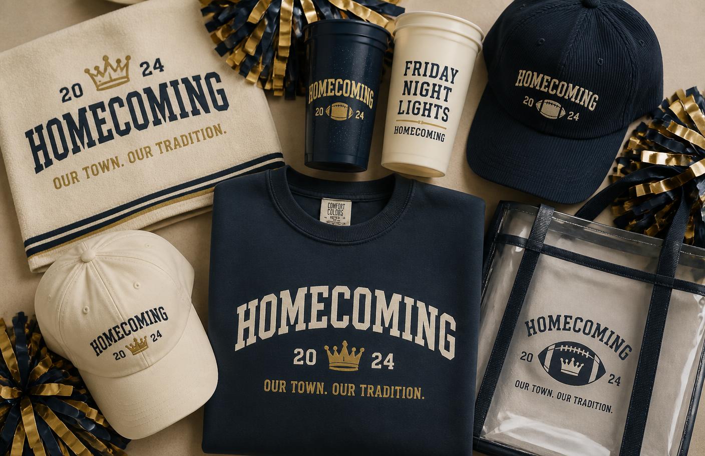 Custom Homecoming merchandise including rally towels, pom poms, stadium cups, caps and school-spirit apparel