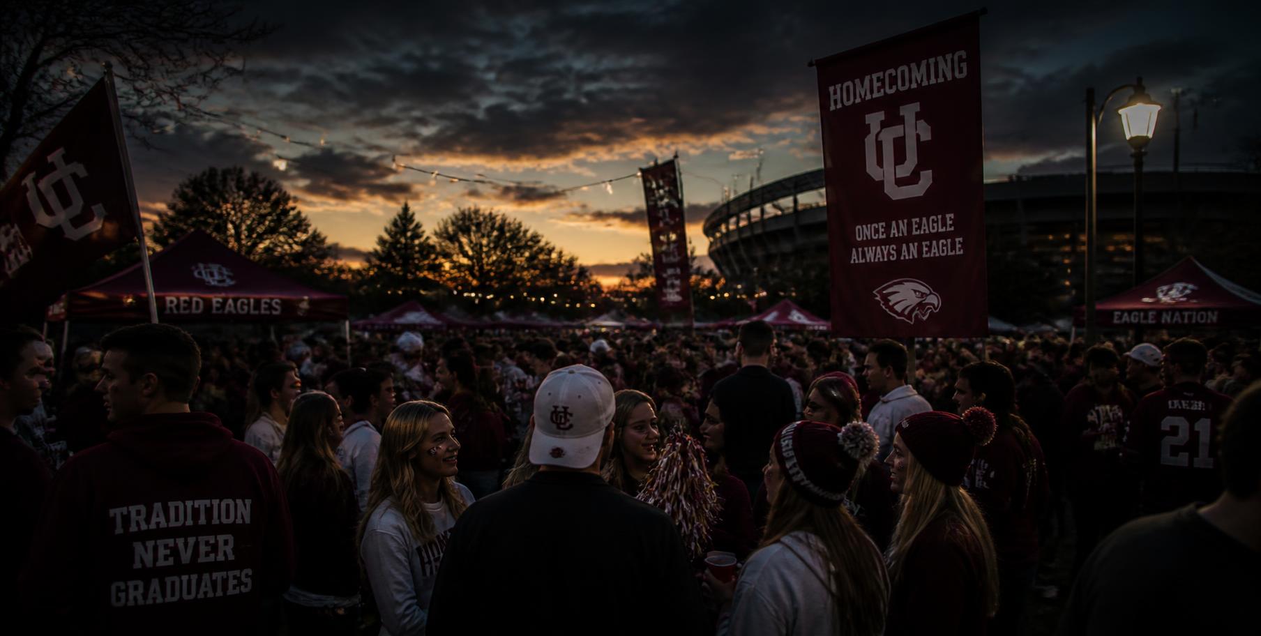 College homecoming tailgate crowd wearing custom school spirit apparel