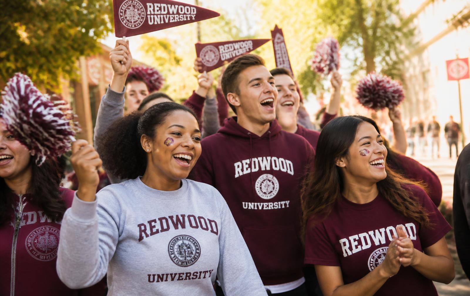 Students cheering in school colors while waving branded spirit giveaways at a campus event