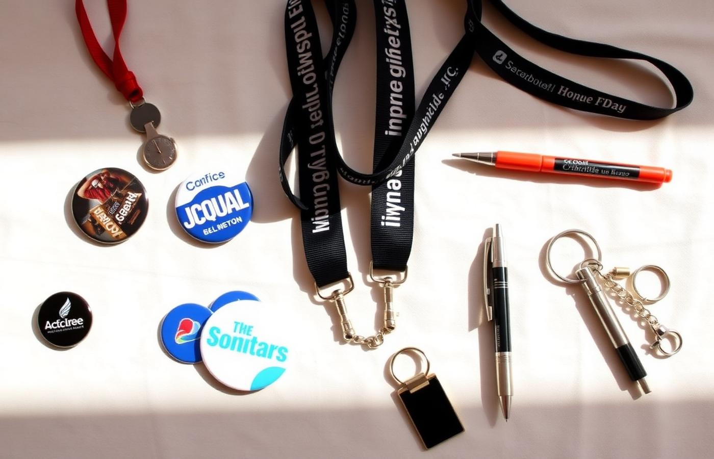 Custom student involvement fair giveaways including buttons, lanyards, decals, pens, and keychains