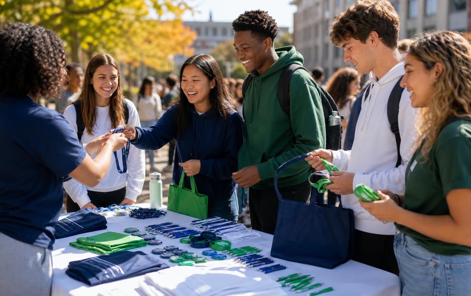 Busy student organization fair table with branded giveaways, lanyards, and students signing up